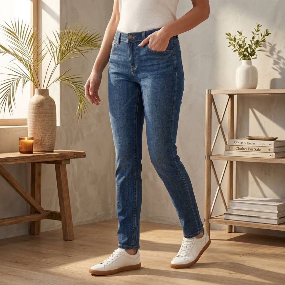 CAbi Curvy Skinny Jeans Women's 8 Mid Rise Blue Distressed Stretch Denim